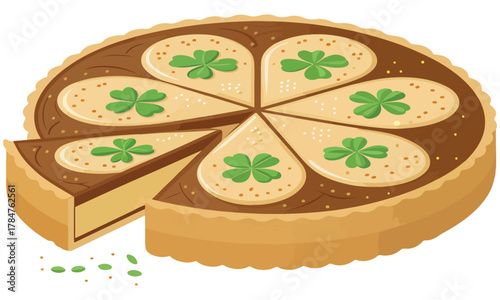 Delicious and festive illustrations of chocolate and cream pies decorated with clover leaf patterns and heart designs. Perfect for St. Patrick’s Day, food blogs, dessert menus, bakery branding .