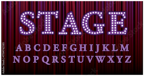 vector alphabet letters with bulb lamps on velvet curtain background, layered and editable