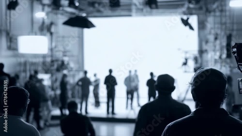 Behind the scenes view of a busy film studio where crew members and actors prepare for a shoot. High tech filmmaking atmosphere highlights teamwork and cinematic innovation