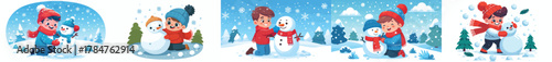 vector of a little boy making a snowman