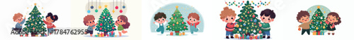 vector of 2 small children decorating a Christmas tree