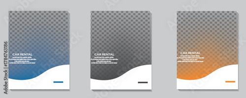 Set of editable square banner template. Car rental banner with black, orange and blue color background. Flat design vector with photo collage. Usable for social media, story and web internet ads.