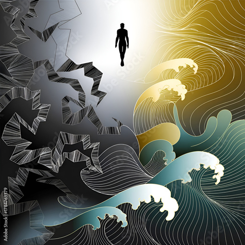 Abstract dark theme illustration featuring a floating human silhouette surrounded by evolving wave patterns symbolizing transformation and inner strength