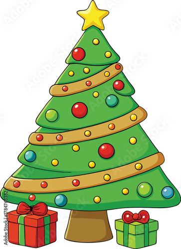 Whimsical Clay Style Christmas Tree Illustration with Multi-Color Ornaments and Two Assorted Gift Boxes, Festive Holiday Graphic