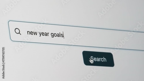 New Year Goals Search on Search Engine. Close Up Shot of Typing Search Term in Search Box on Web Page on Computer Screen. Real Time 4K.