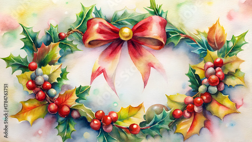 Elegant watercolor Christmas wreath with red bow, holly leaves, and berries on soft pastel background — festive hand-painted holiday illustration perfect for cards, invitations, and winter decor.