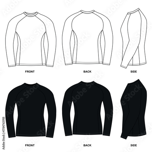 Blank jersey template for active wear. Set of white and black shirt sketches. illustration of a long-sleeved rash guard, front, back, and side views. 
