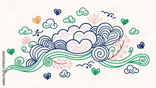 Whimsical pastel cloud and wave line art illustration — modern abstract background in green, blue, and pink tones with heart and swirl details for decorative or nature-inspired design.