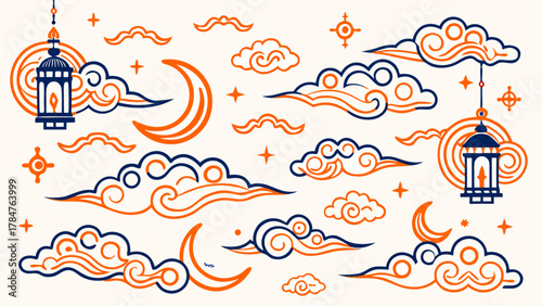 Islamic moon and lantern cloud illustration — elegant orange and navy vector background featuring crescent moons, stars, and clouds, perfect for Ramadan, Eid, or Islamic design themes.
