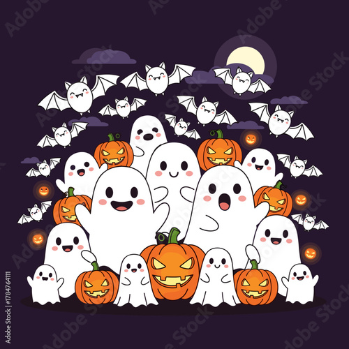 Spooky Cute Halloween Gathering: Ghosts, Jack-o'-Lanterns, and Bats Under Moonlight