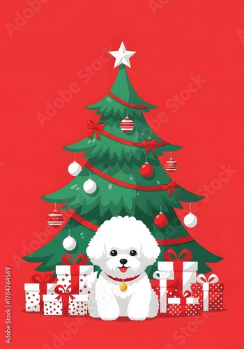 Cute White Dog Under Christmas Tree with Presents on Red Background, Festive Holiday Greeting Card Design

