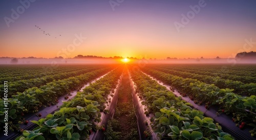 Golden Sunrise Over A Lush Strawberry Field With Rows Of Green Plants And A Misty Horizon