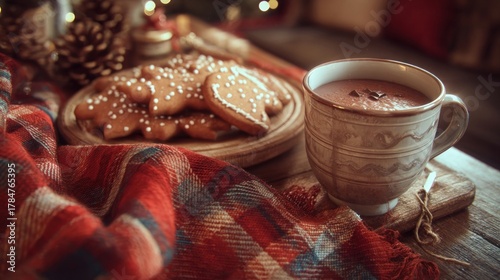 gingerbread cookies and hot cocoa on cozy blanket,