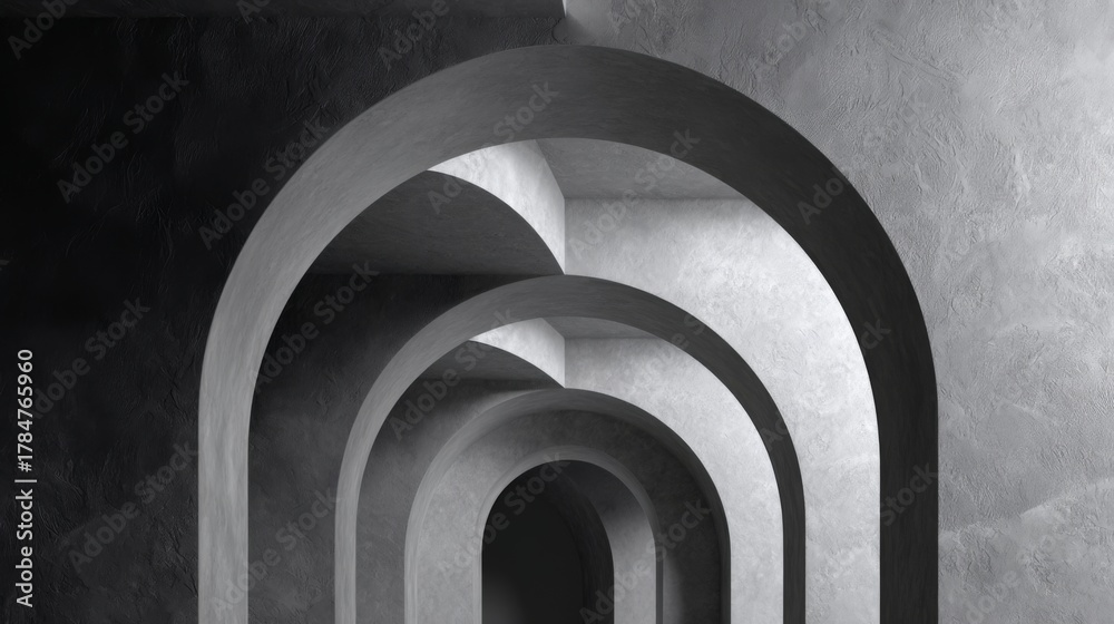 Obraz premium Minimalist architectural design with curved arches in grayscale creating a sense of depth and perspective in a modern space