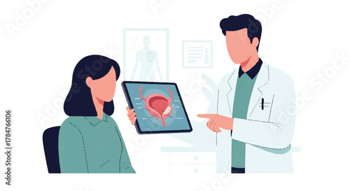 Doctor explaining bladder condition to patient using digital tablet in healthcare consultation