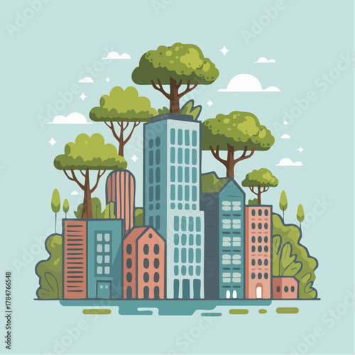 Modern city skyline with lush trees, a vibrant cityscape blending nature and architecture, promoting eco-friendly urban living and sustainable design solutions