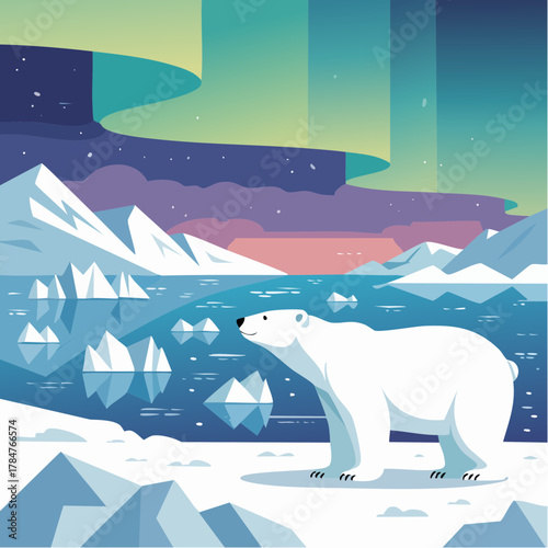 Stunning polar bear illustration under aurora borealis, a vibrant and modern design perfect for arctic wildlife campaigns and conservation efforts
