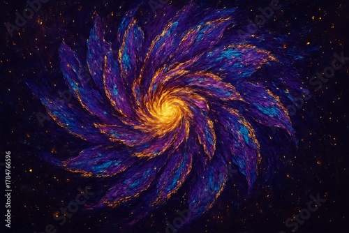 A highly stylized, almost impressionistic image of a galaxy where the spiral arms unfurl like petals in a cosmic bloom.
