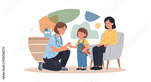 A friendly female pediatrician conducts a medical checkup for a young child holding a teddy bear, with their mother present in a modern clinic vector illustration