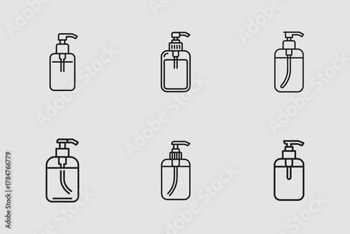 Hand sanitizer bottle outline icons set for hygiene products