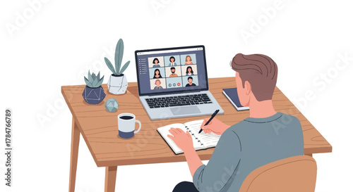 Man working from home attending a virtual business meeting on a laptop computer, engaged in a group video conference call