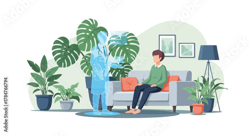 Man Interacting with a Holographic Projection in a Living Room Surrounded by Plants