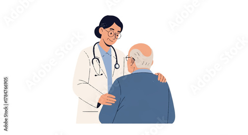 Supportive female physician consulting with a senior man, a compassionate healthcare vector illustration on a white background