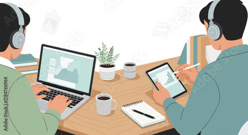 Two people working on laptops and tablets with headphones on, illustrating remote work and digital collaboration