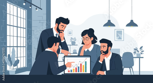 A professional business team in a modern office meeting, collaborating and analyzing financial data charts on a laptop for growth strategy