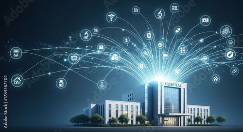 Modern Healthcare Building Connected to Digital Network of Medical Icons.