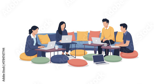 Collaboration and teamwork Diverse group of professionals working together on laptops in a creative office space