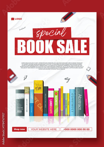 Special book sale announcement with stack of books and decorative elements on green background.
Exciting special book sale announcement featuring stacked books and graduation cap on a vibrant green.