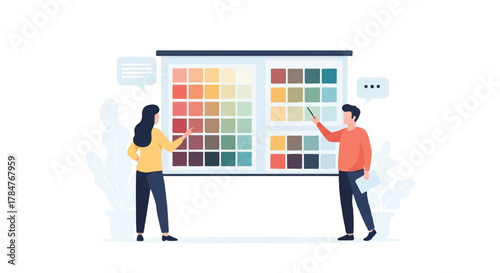 Design team collaborating on color palette selection, exploring diverse hues and visual aesthetics for a creative project presentation