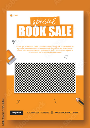 Special book sale announcement with stack of books and decorative elements on green background.
Exciting special book sale announcement featuring stacked books and graduation cap on a vibrant green.