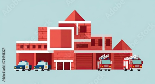 Modern Fire Station and Police Department Building with Emergency Vehicles.