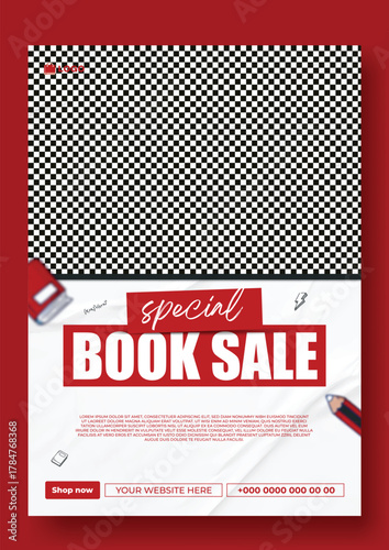 Special book sale announcement with stack of books and decorative elements on green background.
Exciting special book sale announcement featuring stacked books and graduation cap on a vibrant green.