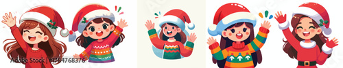 vector of a little girl in a Christmas hat waving