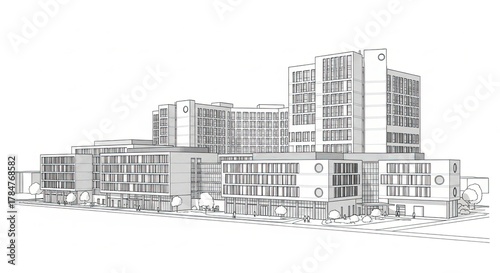 Modern Hospital Building Architectural Sketch Rendering.