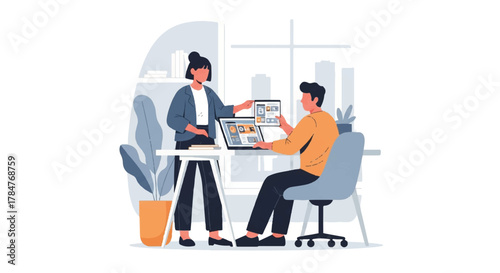 Creative professionals collaborating on digital design, optimizing user interface and discussing innovative ideas for web development in a modern office