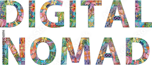 Words Digital Nomad hand drawn modern design vector illustration.