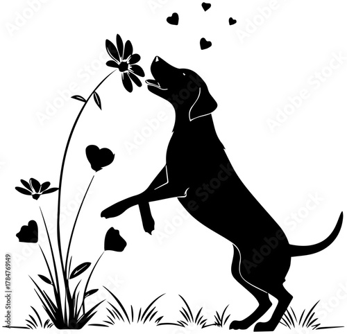 Silhouette of Dog Sniffing Flower with Floating Hearts – Vector Illustration