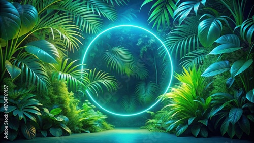 Wallpaper Mural Luminous Circle in a Verdant Tropical Paradise A Surreal Nightscape with Glowing Neon Light Encircling Lush Foliage Torontodigital.ca