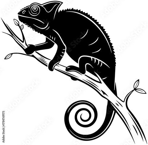Stylized Chameleon Perched on Tree Branch – Vector Illustration