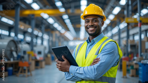 Confident Smiling African American Male Engineer or Factory Worker in Yellow Hard Hat and Safety Vest Holding Digital Tablet for Industrial and Manufacturing Concepts