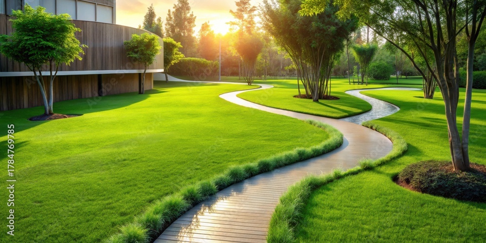 Fototapeta premium Serene Landscape Design A Winding Pathway Through Lush Green Lawns and Ornamental Trees at Sunset