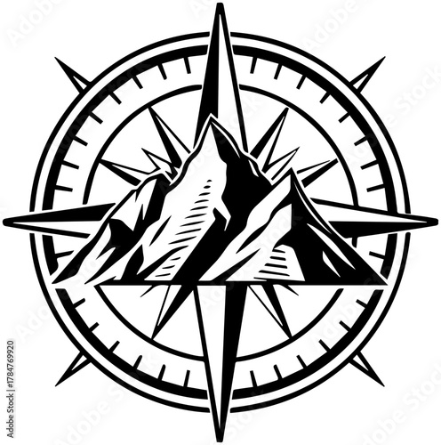 Stylized Compass Rose with Mountain Range – Vector Illustration