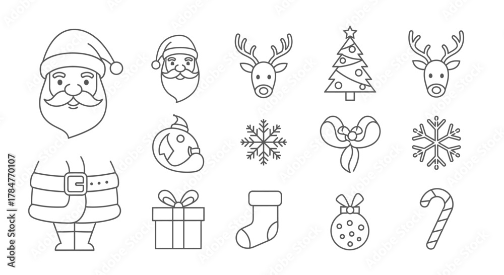 Fototapeta premium Christmas Icons Collection Santa Claus Reindeer Snowflakes and Gifts.
