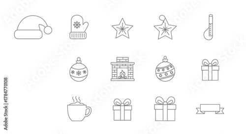 Christmas Holiday Season Festive Icon Set Collection Outline.