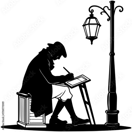 Silhouette of Historical Figure Writing Under Street Lamp – Vector Illustration