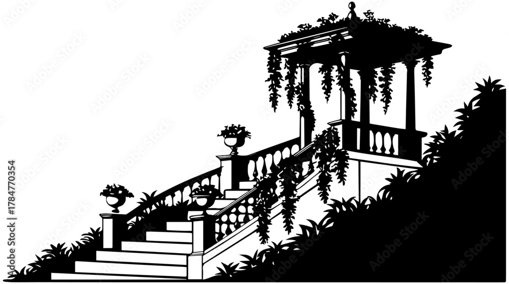 Fototapeta premium Silhouette of Garden Pavilion with Ornate Staircase – Vector Illustration